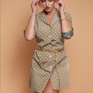 Vintage polka dot olive colour dress pearl button